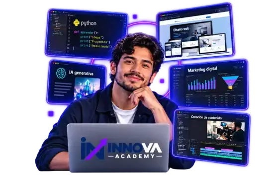 Estudiante de INNOVA Academy rodeado de pantallas de programación, inteligencia artificial, diseño web, marketing digital y creación de contenido